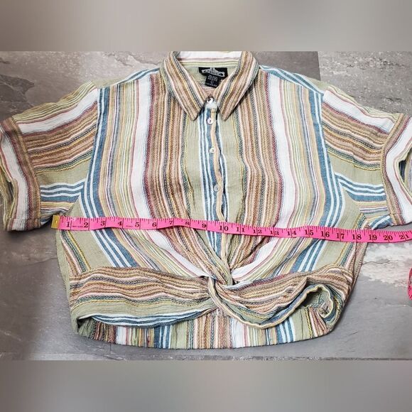 Angie Short Sleeves Crop Top Shirt. Multicolor Stripes. Twisted Front. Boho. L. - Picture 6 of 8